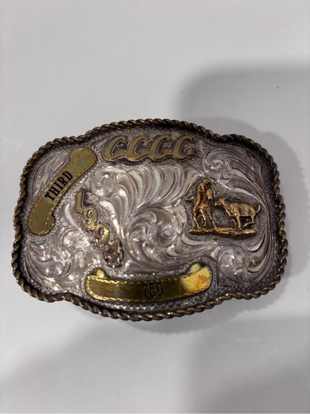 Phoenix Mfg Vtg 3rd Place Rodeo Belt Buckle Sterling Silver Overlay Made in USA